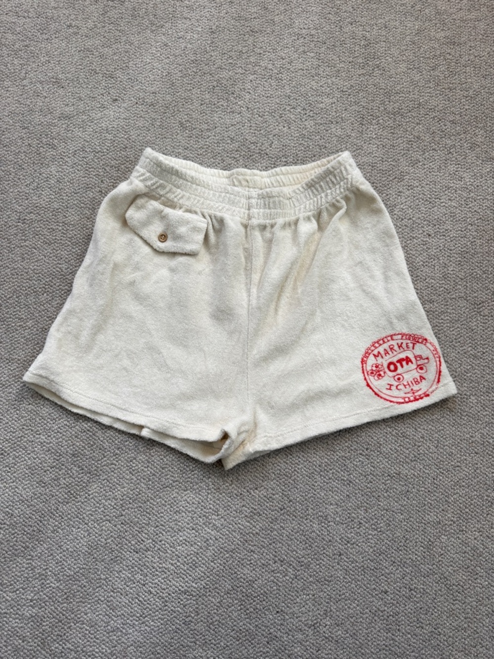 Kids Cream Terry Shorts with Red Patch Detail